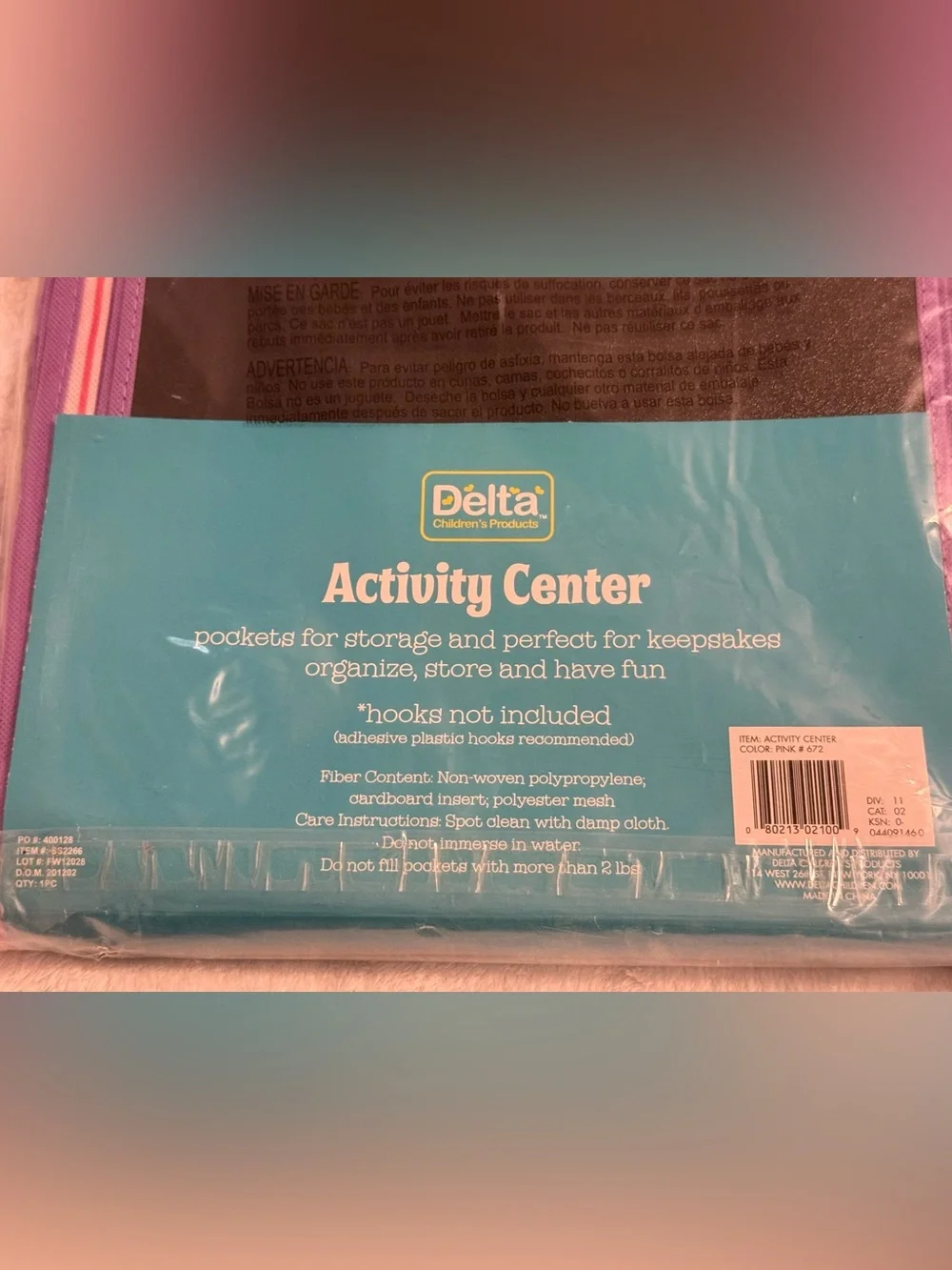NWT Delta Activity Center 24”x50” Over-the-Door Hook On Organizer - Pink/Purple